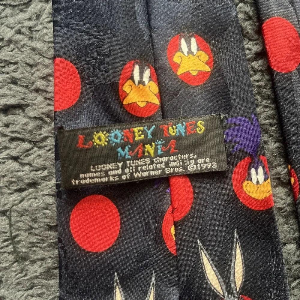 Warner Bros Looney Tunes Tie Men OS Black Red Character Polka Dot 90s Vintage